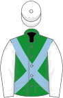 Green, light blue cross-belts, white sleeves and cap