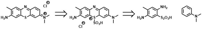 Analyse rétrosynthétique de la production industrielle de bleu de toluidine à partir de N,N-diméthylaniline et de 1,4-diamino-2-méthyl-5-sulfosulfanylbenzène