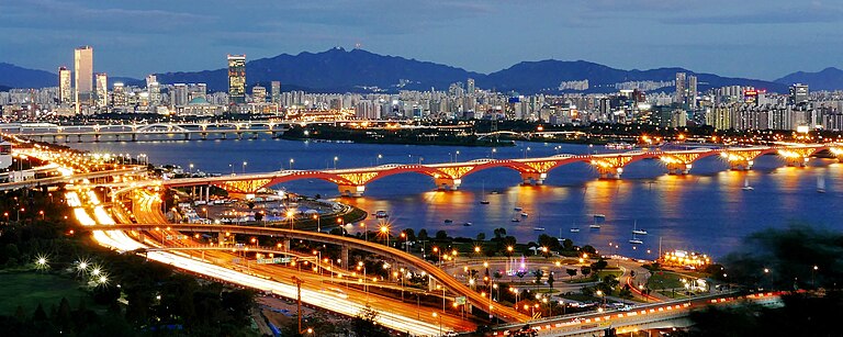 The Seongsan Bridge illuminated at night