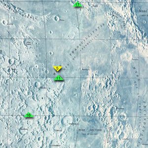 מפת ים השלווה, ובה אתרי הנחיתה של אפולו 11, אפולו 16, אפולו 17 וסורביור 5