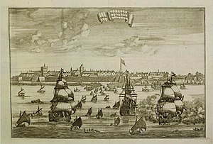 Ukiran Belanda mengenai Nagapatnam sekitar 1680.