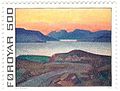 Øya Mykines, malt av Sámal Joensen-Mikines, på frimerke fra 1975