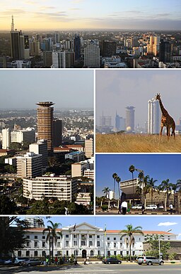 Vy över centrala Nairobi; Kenyatta International Conference Centre; en giraff i Nairobi National Park; Kenyas parlamentsbyggnad och Nairobis stadshus.