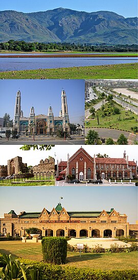 اوپر سے دائیں بائیں: راول جھیل، گلشن دادن خان مسجد، بحریہ ٹاؤن، قلعہ روات، کرائسٹ چرچ، راولپنڈی ریلوے اسٹیشن