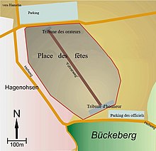 Croquis en couleurs situant la place des fêtes, le chemin du Führer, les parkings et les tribunes.