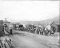 Image 69A burro-drawn wagon hauling lumber and supplies into Goldfield, Nevada, ca.1904. In 1903 only 36 people lived in the new town. By 1908 Goldfield was Nevada's largest city, with over 25,000 inhabitants. (from History of Nevada)