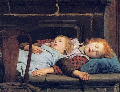 Zwei schlafende Mädchen auf der Ofenbank (1895) Albert Anker