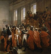 General Bonaparte vor dem Rat der Fünfhundert in Saint Cloud am 10. November 1799. (Gemälde von François Bouchot aus dem Jahr 1840)