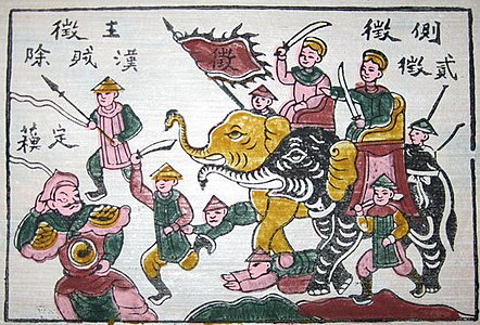 Les germanes Trưng sobre elefants en una batalla. Quadre d'estil Đông Hồ