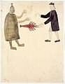 Maori troquant une écrevisse contre du tissu - Dessins illustrant le premier voyage du capitaine Cook (1769)