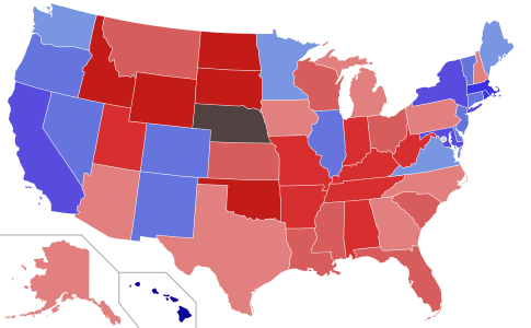 Lower house seats by party holding majority in each state Republican  50–60%  60–70%  70–80%  80–90%  90–100% Democratic  50–60%  60–70%  70–80%  80–90%  90–100%