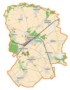 Mapa konturowa gminy Jaworzyna Śląska, u góry znajduje się punkt z opisem „Wieża w Pastuchowie”