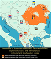 Modern distribution of the Eastern Romance-speaking ethnic groups (including, most notably, the Romanians)