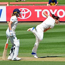 Schutt bowling at the Women's Ashes Test, 2017