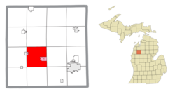 Location within Wexford County and the administered CDP of Boon (1) and portion of the village of Harrietta (2)