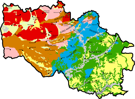 Carte illustrant la composition géologique du sous-sol du Maine.