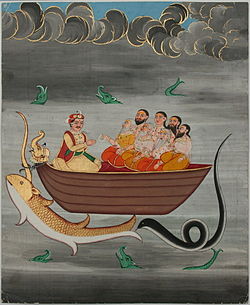 Lukisan dari India (abad ke-19) menggambarkan Waiwaswata Manu dan tujuh resi (Saptaresi) menyelamatkan diri dari banjir besar.