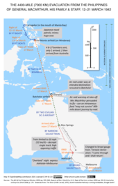 Map including part of the Philippines and the whole of Australia showing the route taken by MacArthur and his party by PT boat, aircraft and trains