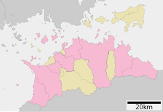 Mapa konturowa prefektury Kagawa, blisko centrum po lewej na dole znajduje się punkt z opisem „Kotohira”