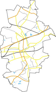 Mapa konturowa Zabrza, po prawej nieco u góry znajduje się punkt z opisem „Zabrze Biskupice”