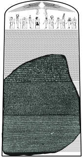 "Image of the Rosetta Stone set against a reconstructed image of the original stele it came from, showing 14 missing lines of hieroglyphic text and a group of Egyptian deities and symbols at the top"