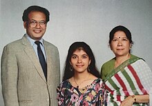 Shanti Mishra with her husband Narayan Prasad Mishra (left) and daughter Priya Mishra (centre)