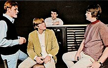 Tony Asher (in the back) with Bruce Johnston (left), Terry Melcher (middle) and Brian Wilson (right) in early 1966