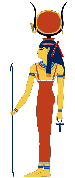 Die godin Hathor met haar kopstuk, ’n sonskyf met oeraeoes (’n kobra) tussen die horings.