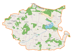 Mapa konturowa gminy Kłoczew, po prawej znajduje się punkt z opisem „Cmentarz mariawicki w Goździe”