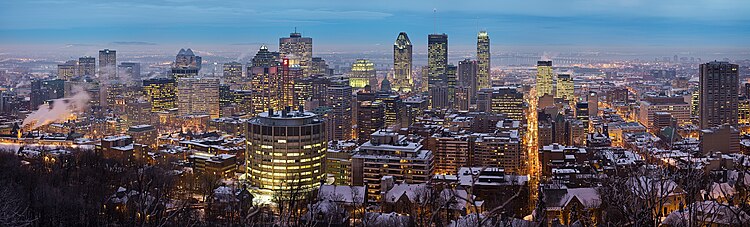 Gezicht op Downtown Montréal vanaf de top van de Mont-Royal in de winter