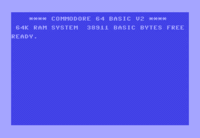 Tässä Commodore 64 -käynnistysnäytön kuvassa suurentamalla sovittamisen aiheuttama vaaleampi reunus olisi ollut tuskin näkyvissä tavallisella TV:llä.
