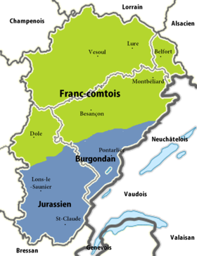 Mapa lengouistica de la Franche-Comtât.En blu lo jurassien et lo burgondan (arpetan).En vèrd lo franc-comtês (lengoua d’oly).