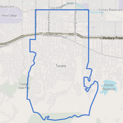 Location of Tarzana (highlighted in blue) in Los Angeles