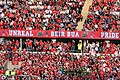 Munster Rugby taldeko zaletuak Thomond Park estadioko harmailan.