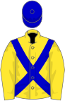 Yellow, blue cross-belts and cap