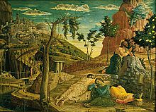 La Prière au Jardin des Oliviers selon Andrea Mantegna. L'œuvre fut réalisée entre 1455 et 1457. Elle fit l'objet d'un envoi de l'état et est désormais exposée au musée des Beaux-Arts de Tours.