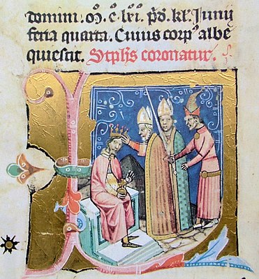 Chronicon Pictum, Hungarian, Hungary, King Stephen III, crown, coronation, bishop, orb, sword, pyramid, Holy Crown of Hungary, medieval, chronicle, book, illumination, illustration, history