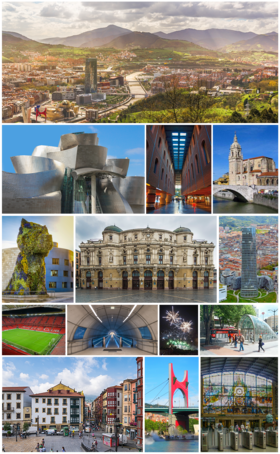 From top left: view of the city; Guggenheim Museum; Azkuna Zentroa; Church of San Antón; Puppy; Arriaga Theatre; Iberdrola Tower; San Mamés Stadium; Uribarri station of the Bilbao metro; fireworks in the Aste Nagusia; fosterito; Miguel de Unamuno Square in the Casco Viejo; La Salve; and Bilbao-Abando railway station