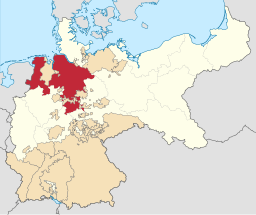 Provinsen Hannovers (rött) läge inom Preussen i Kejsardömet Tyskland, 1871.