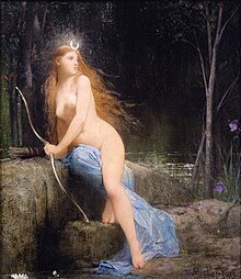 Peinture de Jules Joseph Lefebvre représentant Diane chasseresse avec un arc et des flêches. Presque nue, elle assise sur un rocher à proximité d'un point d'eau.