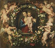 Maagd Maria in een bloemenkrans, 1621, Alte Pinakothek, in samenwerking met Rubens