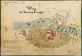 Denah Tvrđa dari 1861, di Osijek, Kroasia. Meskipun sebagian besar dari benteng telah dibongkar, namun beberapa selekohnya masih dipertahankan.