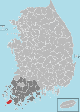 Jindo-guns läge i Södra Jeolla och Sydkorea.