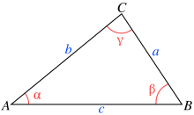 Triangle ABC avec les notations AB=c, AC=b, BC=a, d’angle α en A, β en B et γ en C