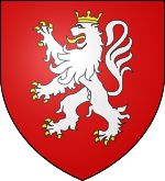 A red shield with a white lion rampant, cadet gold border