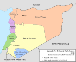 Location of the State of Damascus (yellow) within the Mandate for Syria