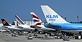 A typical lineup at Terminal D showing Lufthansa, Air France, British Airways, and KLM aircraft