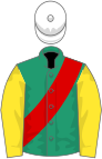 Emerald green, red sash, yellow sleeves, white cap