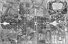 Kupferstich eines Parks mit detaillierten Skizzen der Beete, Wege, Wasserflächen und Gebäuden. In einem verzierten Titelbild in der rechten oberen Ecke steht „Plan de Versailles, du petit parc et de ses dépendances“. Daneben sind die Paläste aufgelistet und rechts unten stehen die Statuen und Vasen, die im Plan nummeriert sind.