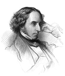 Drawing of a pensive seated Robert Leslie Ellis, looking to his left